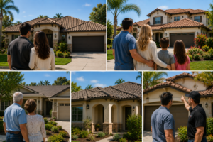 Families standing outside their Orange County home admiring a beautiful roof after professional roof repair services.