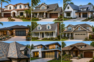 Orange County homes featuring different architectural styles and roofing materials including tile, shingle, metal, and composite roofs.