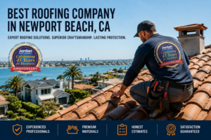 Professional roofing contractor inspecting a tile roof in Newport Beach, CA.