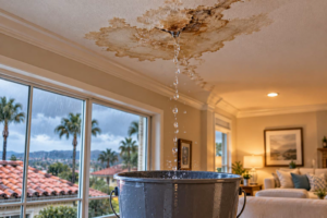 Leaking roof causing ceiling water damage in an Orange County home